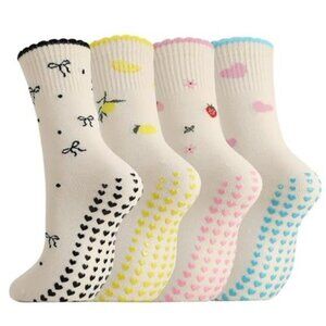 4 Pairs Women Non-Slip Yoga Socks Cute Ruffle Grippy Socks for Pilates Barre